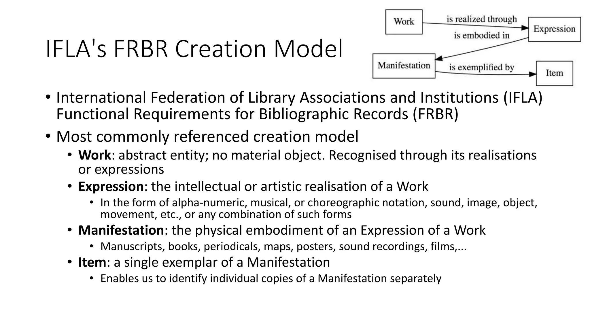 IFLA's FRBR Creation Model
• International Federation of Library Associations and Institutions (IFLA)
Functional Requirements for Bibliographic Records (FRBR)
• Most commonly referenced creation model
• Work: abstract entity; no material object. Recognised through its realisations
or expressions
• Expression: the intellectual or artistic realisation of a Work
• In the form of alpha-numeric, musical, or choreographic notation, sound, image, object,
movement, etc., or any combination of such forms
• Manifestation: the physical embodiment of an Expression of a Work
• Manuscripts, books, periodicals, maps, posters, sound recordings, films,...
• Item: a single exemplar of a Manifestation
• Enables us to identify individual copies of a Manifestation separately
 