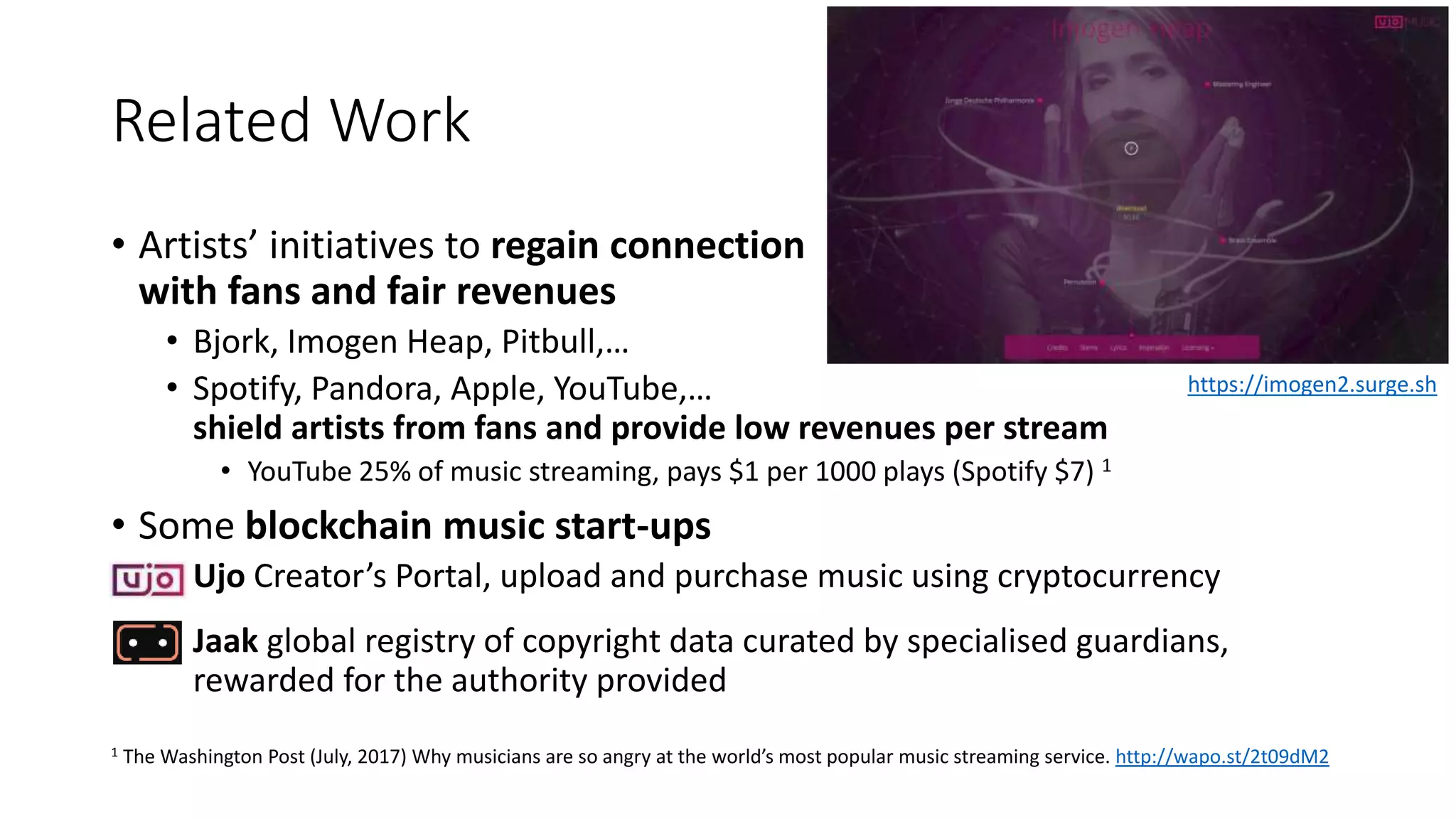 Related Work
• Artists’ initiatives to regain connection
with fans and fair revenues
• Bjork, Imogen Heap, Pitbull,…
• Spotify, Pandora, Apple, YouTube,…
shield artists from fans and provide low revenues per stream
• YouTube 25% of music streaming, pays $1 per 1000 plays (Spotify $7) 1
• Some blockchain music start-ups
• Ujo Creator’s Portal, upload and purchase music using cryptocurrency
• Jaak global registry of copyright data curated by specialised guardians,
rewarded for the authority provided
1 The Washington Post (July, 2017) Why musicians are so angry at the world’s most popular music streaming service. http://wapo.st/2t09dM2
https://imogen2.surge.sh
 