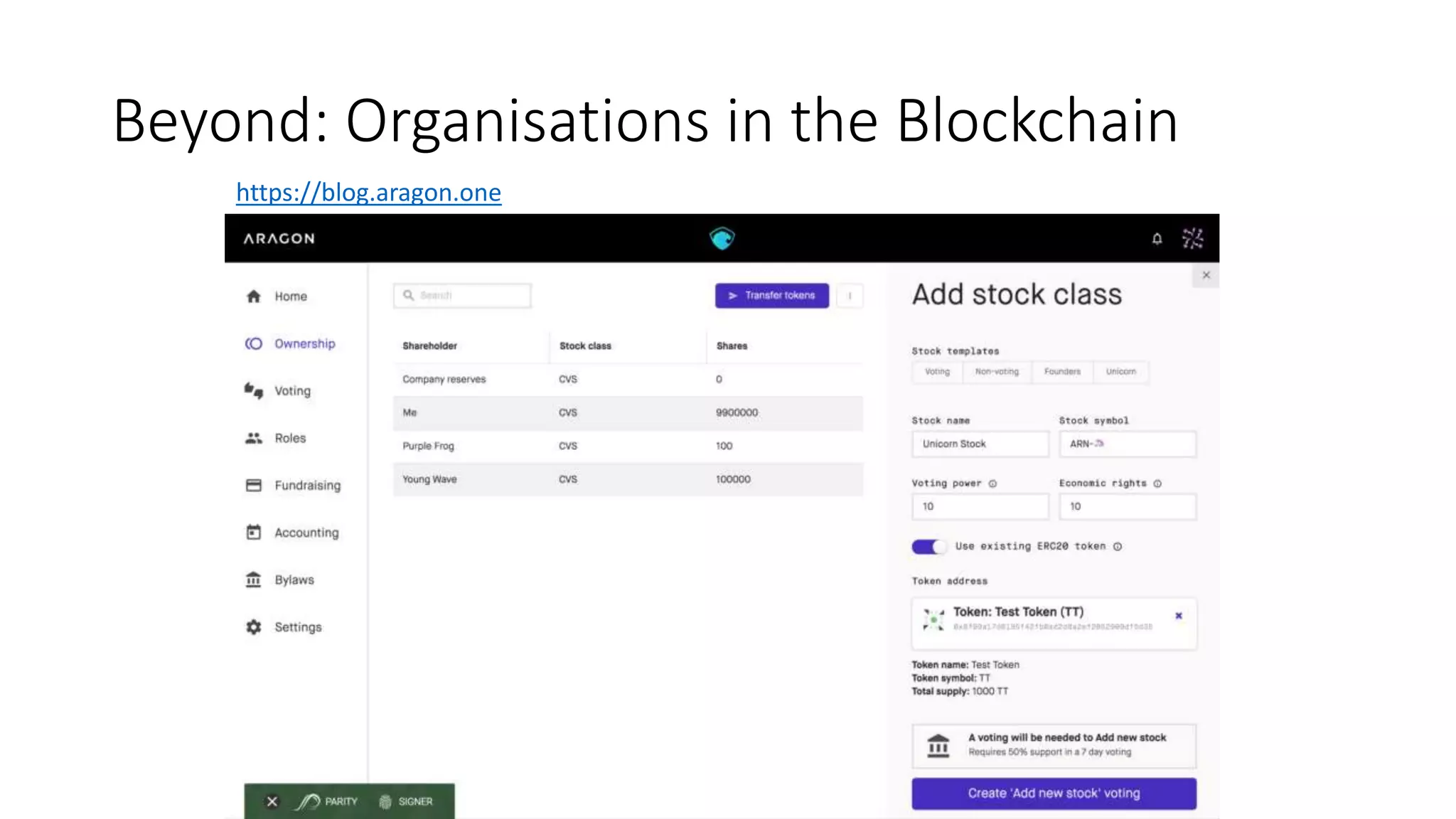 Beyond: Organisations in the Blockchain
https://blog.aragon.one
 