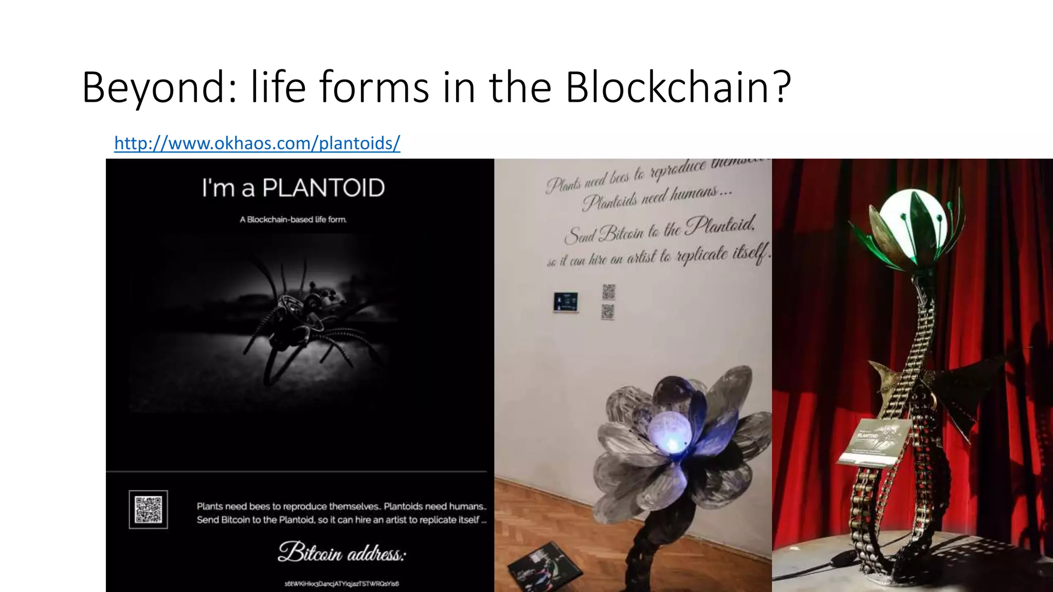 Beyond: life forms in the Blockchain?
http://www.okhaos.com/plantoids/
 
