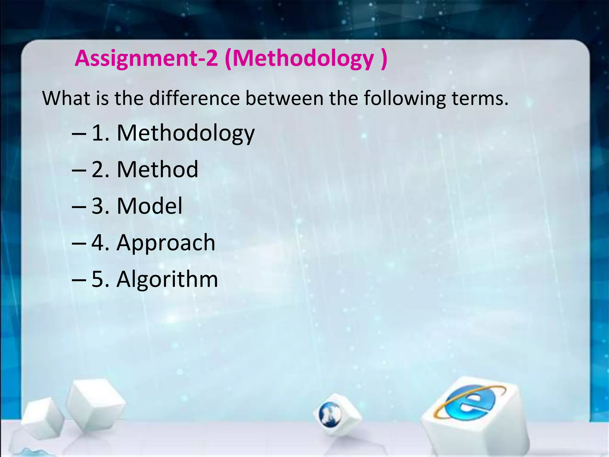 Assignment-2 (Methodology )
What is the difference between the following terms.
– 1. Methodology
– 2. Method
– 3. Model
– 4. Approach
– 5. Algorithm
 