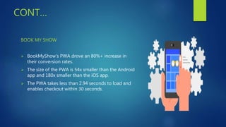 CONT…
BOOK MY SHOW
 BookMyShow's PWA drove an 80%+ increase in
their conversion rates.
 The size of the PWA is 54x smaller than the Android
app and 180x smaller than the iOS app.
 The PWA takes less than 2.94 seconds to load and
enables checkout within 30 seconds.
 