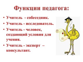 • Учитель - собеседник.
• Учитель - исследователь.
• Учитель - человек,
  создающий условия для
  учения.
• Учитель - эксперт –
  консультант.
 