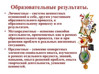• Личностные – система ценностных
  отношений к себе, другим участникам
  образовательного процесса, к
  образовательному процессу и его
  результатам.
• Метапредметные – освоение способов
  деятельности, применяемых как в рамках
  образовательного процесса, так и при
  решении проблем в реальных жизненных
  ситуациях.
• Предметные – усвоение конкретных
  элементов социального опыта, изучаемого
  в рамках отдельного предмета, знаний,
  навыков, опыта решений проблем, опыта
  творческой деятельности, усвоение
  ценностей.
 