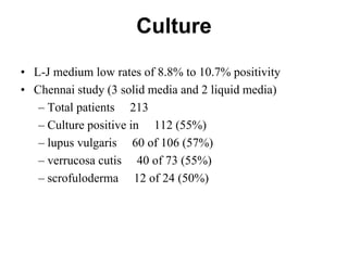 Culture
• L-J medium low rates of 8.8% to 10.7% positivity
• Chennai study (3 solid media and 2 liquid media)
– Total patients 213
– Culture positive in 112 (55%)
– lupus vulgaris 60 of 106 (57%)
– verrucosa cutis 40 of 73 (55%)
– scrofuloderma 12 of 24 (50%)

 