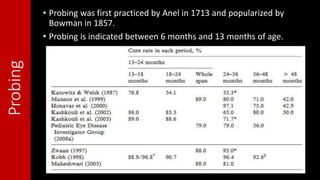 There are four markings at
10 mm intervals.
• When the first mark at 10 mm
approaches the punctum, tip of
the probe enters the lacrimal sac.
• As 20 mm approaches the
punctum, tip of the probe is at the
level of the upper end of the
nasolacrimal opening.
• As 30 mm approaches the
punctum, tip of the probe is at
valve of Hasner.
• Beyond 30 mm probe is in the
nasal cavity, in the inferior meatus.
• At 40 mm tip of the probe is on
the floor of the nose, which gives
an indication to stop further
probing.
• Probing was first practiced by Anel in 1713 and popularized by
Bowman in 1857.
• Probing is indicated between 6 months and 13 months of age.
Probing
 