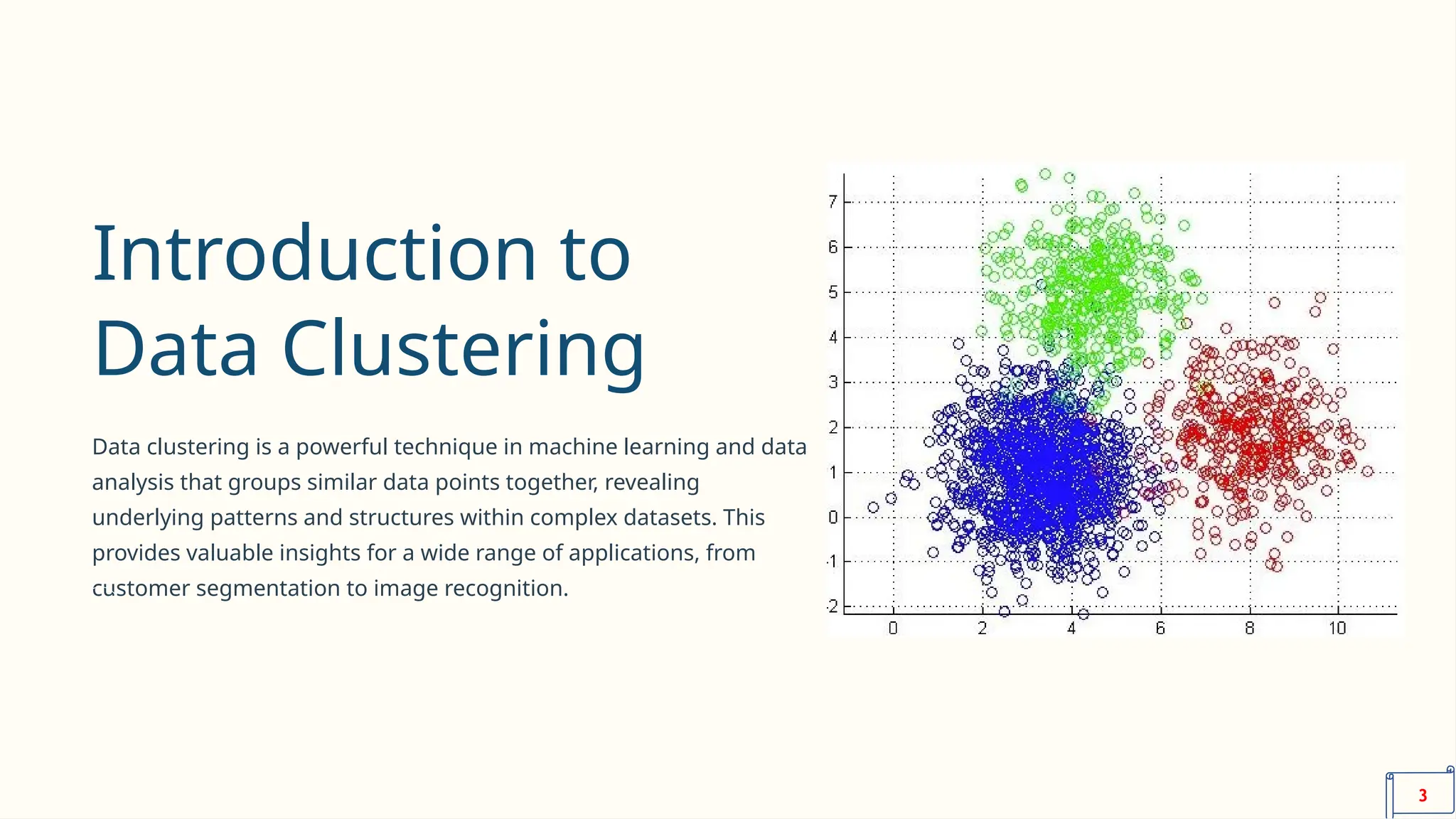 Introduction to
Data Clustering
Data clustering is a powerful technique in machine learning and data
analysis that groups similar data points together, revealing
underlying patterns and structures within complex datasets. This
provides valuable insights for a wide range of applications, from
customer segmentation to image recognition.
3
 