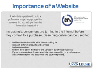 Increasingly, consumers are turning to the internet before
they commit to a purchase. Searching online can be used to:
•
•
•
•
•

find businesses that offer what they're looking for
research different products and services
find online reviews
find out more about the history and values of a particular business
If your business doesn't have a website, users searching in your business
area won't find you - but they could find your competitors.

 