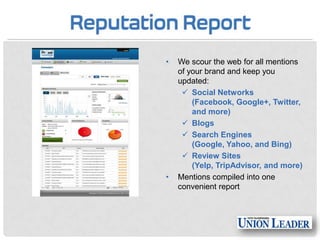 •

•

We scour the web for all mentions
of your brand and keep you
updated:
 Social Networks
(Facebook, Google+, Twitter,
and more)
 Blogs
 Search Engines
(Google, Yahoo, and Bing)
 Review Sites
(Yelp, TripAdvisor, and more)
Mentions compiled into one
convenient report

 