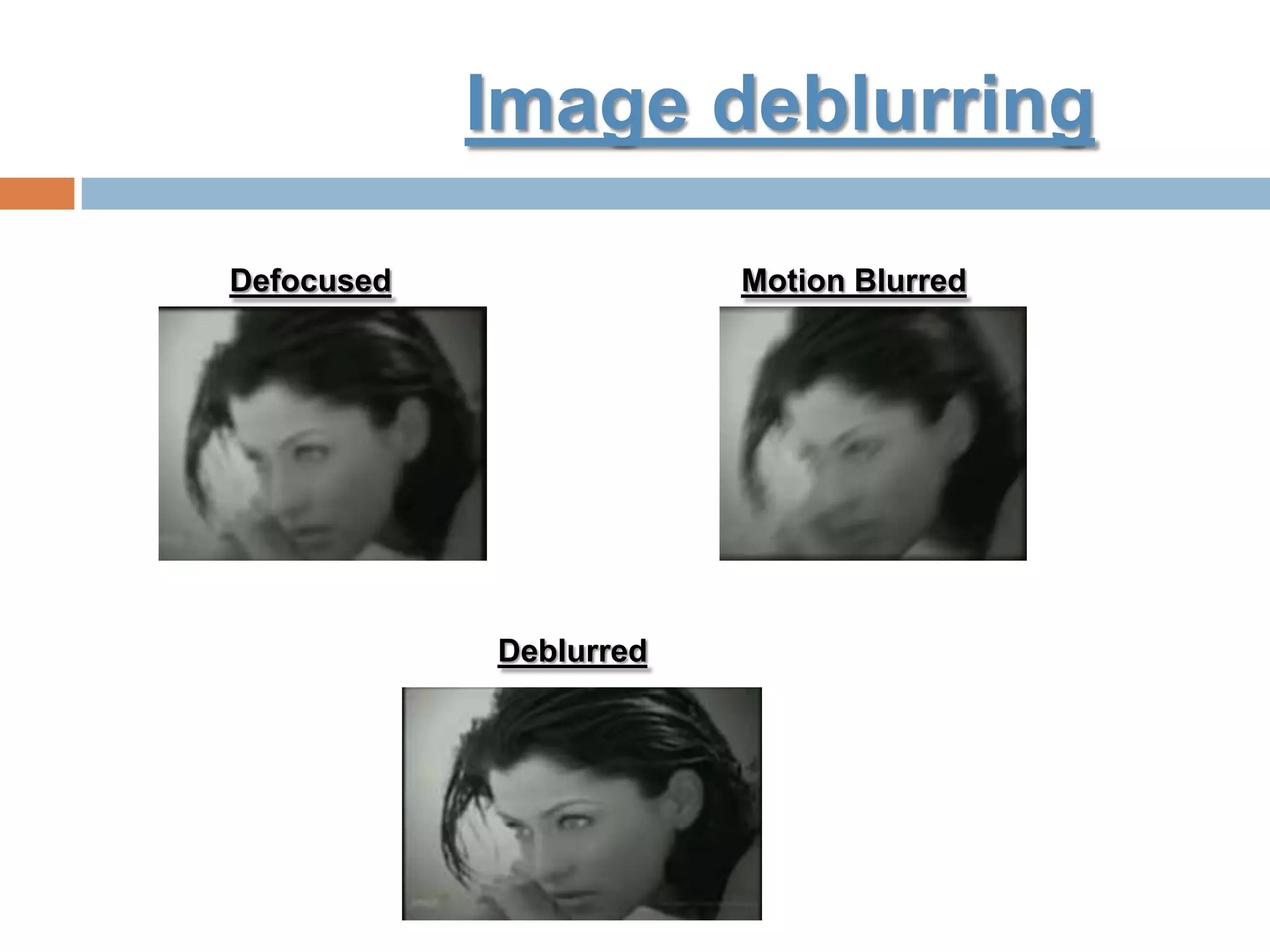 Image deblurring
Defocused Motion Blurred
Deblurred
 