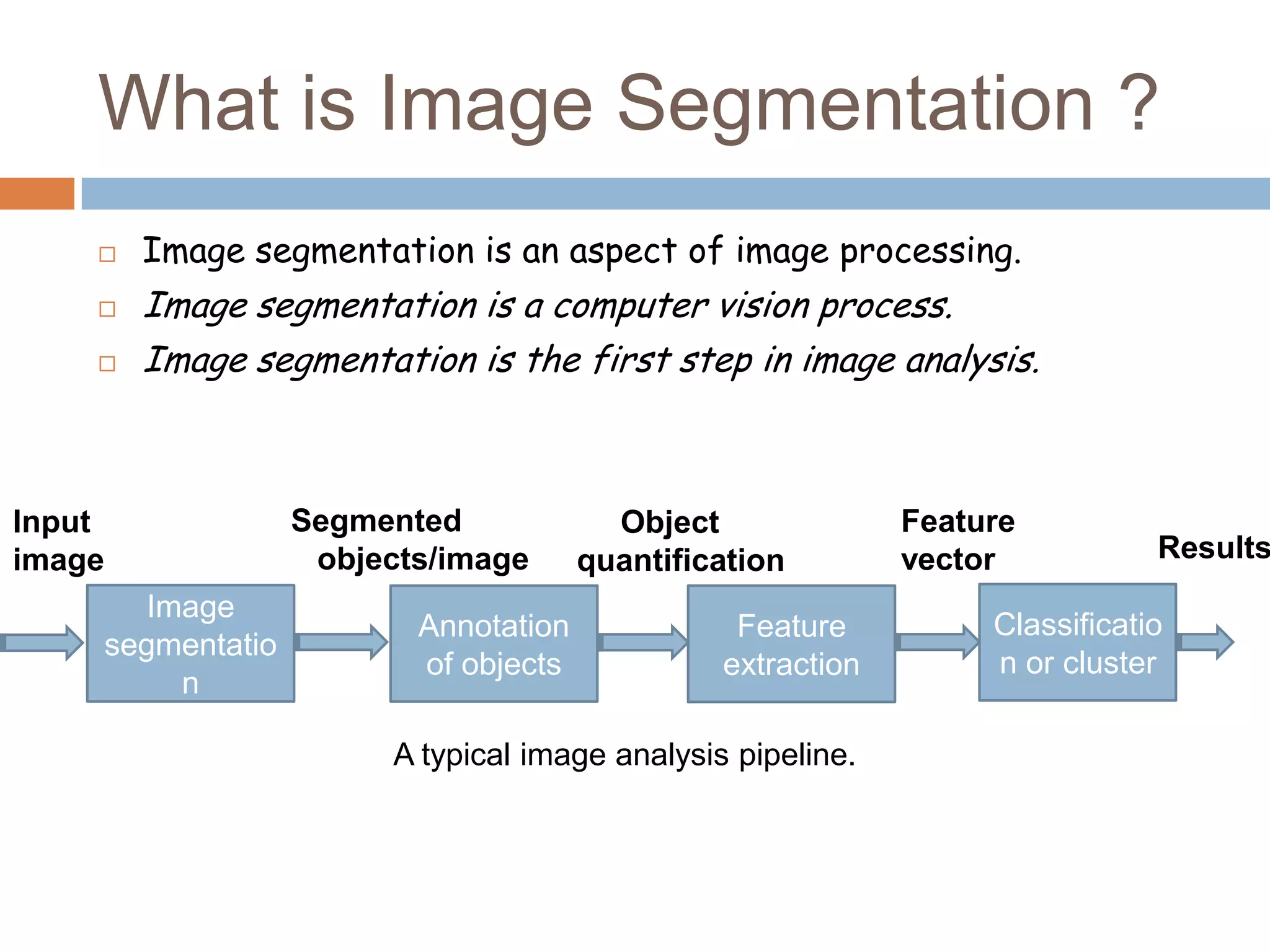 What is Image Segmentation ?
 Image segmentation is an aspect of image processing.
 Image segmentation is a computer vision process.
 Image segmentation is the first step in image analysis.
Input
image
Segmented
objects/image
Object
quantification
Feature
vector
Image
segmentatio
n
Annotation
of objects
Feature
extraction
Classificatio
n or cluster
Results
A typical image analysis pipeline.
 