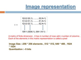 Image representation
I =
f(0,0) f(0,1)…........f(0,N-1)
f(1,0) f(1,1)…........f(1,N-1)
f(2,0) f(2,1)…........f(2,N-1)
f(M-1,0)f(M,1)..f(M-1,N-1)
Image Size :-256 * 256 elements , 512 * 512, 640 * 480 , 1024
* 1024
Quantization :- 8 bits
A matrix of finite dimension , it has m number of rows add n number of columns .
Each of the elements in this matrix representation is called a pixel
 