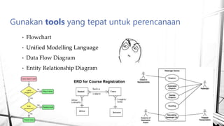 • Flowchart
• Unified Modelling Language
• Data Flow Diagram
• Entity Relationship Diagram
Gunakan tools yang tepat untuk perencanaan
 