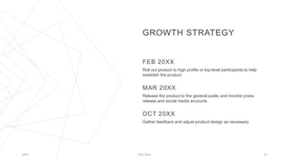GROWTH STRATEGY
FEB 20XX
Roll out product to high profile or top-level participants to help
establish the product
MAR 20XX
Release the product to the general public and monitor press
release and social media accounts
OCT 20XX
Gather feedback and adjust product design as necessary
20XX Pitch Deck 34
 