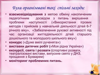 Були організовані такі спільні заходи:
• взаємовідвідування з метою обміну накопиченим
педагогічним
досвідом з питань вирішення
проблеми наступності («Використання ігрових
методів і прийомів у навчальній діяльності дітей 6-7
річного віку», «Забезпечення рухової активності під
час організації життєдіяльності дітей старшого
дошкільного та молодшого шкільного віку»)
• конкурс («Дуже вмілі рученята»)
• виставки дитячих робіт («Моя рідна Україна»)
• екскурсії, свята і розваги (спортивні розваги,
театралізовані вистави, випускне свято у ДНЗ,
прощання з Букварем)
• моніторинг проблемних питань.

 