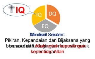 IQ
Mindset Sekuler:
Pikiran, Kepandaian dan Bijaksana yang
berasal dari kedagingan manusia untuk
kepentingan diri
IQ
Mindset Kristen:
Pikiran, Kepandaian dan Bijaksana yang
berasal dari Allah untuk kepentingan
kemuliaan Allah
 