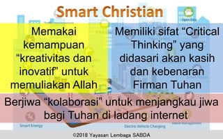 Memiliki sifat “Critical
Thinking” yang
didasari akan kasih
dan kebenaran
Firman Tuhan
Memakai
kemampuan
“kreativitas dan
inovatif” untuk
memuliakan Allah
Berjiwa “kolaborasi” untuk menjangkau jiwa
bagi Tuhan di ladang internet
©2018 Yayasan Lembaga SABDA
 