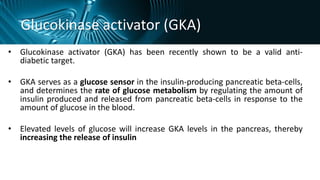 Glucokinase activator (GKA)
• Glucokinase activator (GKA) has been recently shown to be a valid anti-
diabetic target.
• GKA serves as a glucose sensor in the insulin-producing pancreatic beta-cells,
and determines the rate of glucose metabolism by regulating the amount of
insulin produced and released from pancreatic beta-cells in response to the
amount of glucose in the blood.
• Elevated levels of glucose will increase GKA levels in the pancreas, thereby
increasing the release of insulin
 