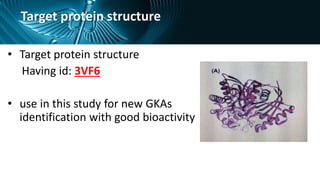 Target protein structure
• Target protein structure
Having id: 3VF6
• use in this study for new GKAs
identification with good bioactivity
 