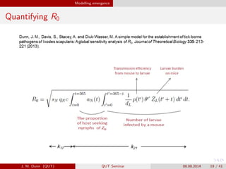 Modelling emergence
Quantifying R0
J. M. Dunn (QUT) QUT Seminar 08.08.2014 19 / 41
 