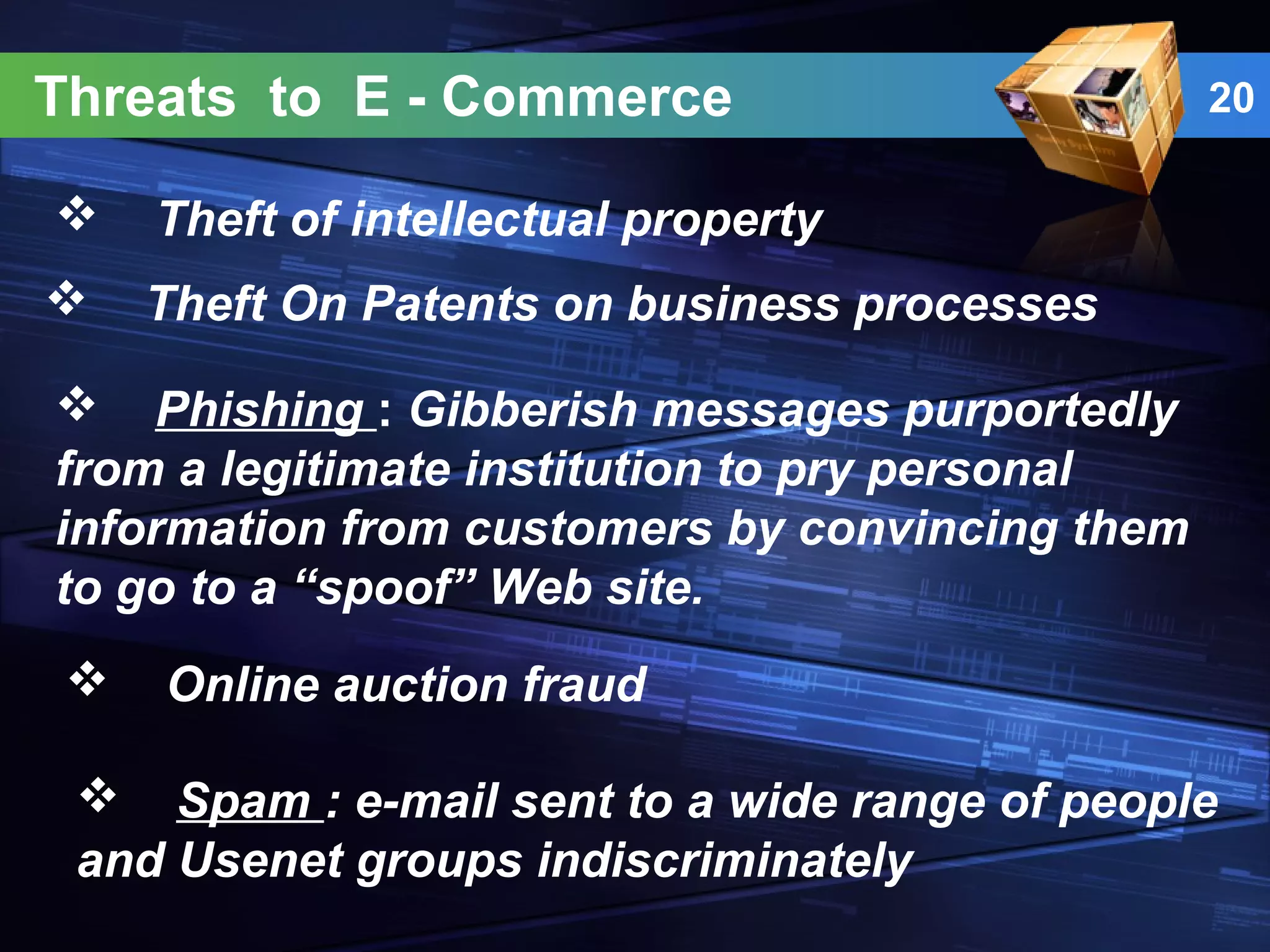 20
 Theft of intellectual property
Threats to E - Commerce
 Theft On Patents on business processes
 Phishing : Gibberish messages purportedly
from a legitimate institution to pry personal
information from customers by convincing them
to go to a “spoof” Web site.
 Online auction fraud
 Spam : e-mail sent to a wide range of people
and Usenet groups indiscriminately
 