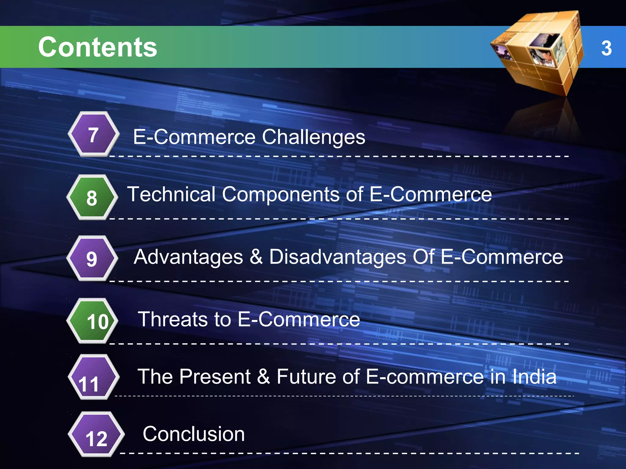 17
Technical Components of E-Commerce2
Conclusion
3
4
5
8
9
10
11
Contents 3
Advantages & Disadvantages Of E-Commerce
12
The Present & Future of E-commerce in India
Threats to E-Commerce
E-Commerce Challenges
 