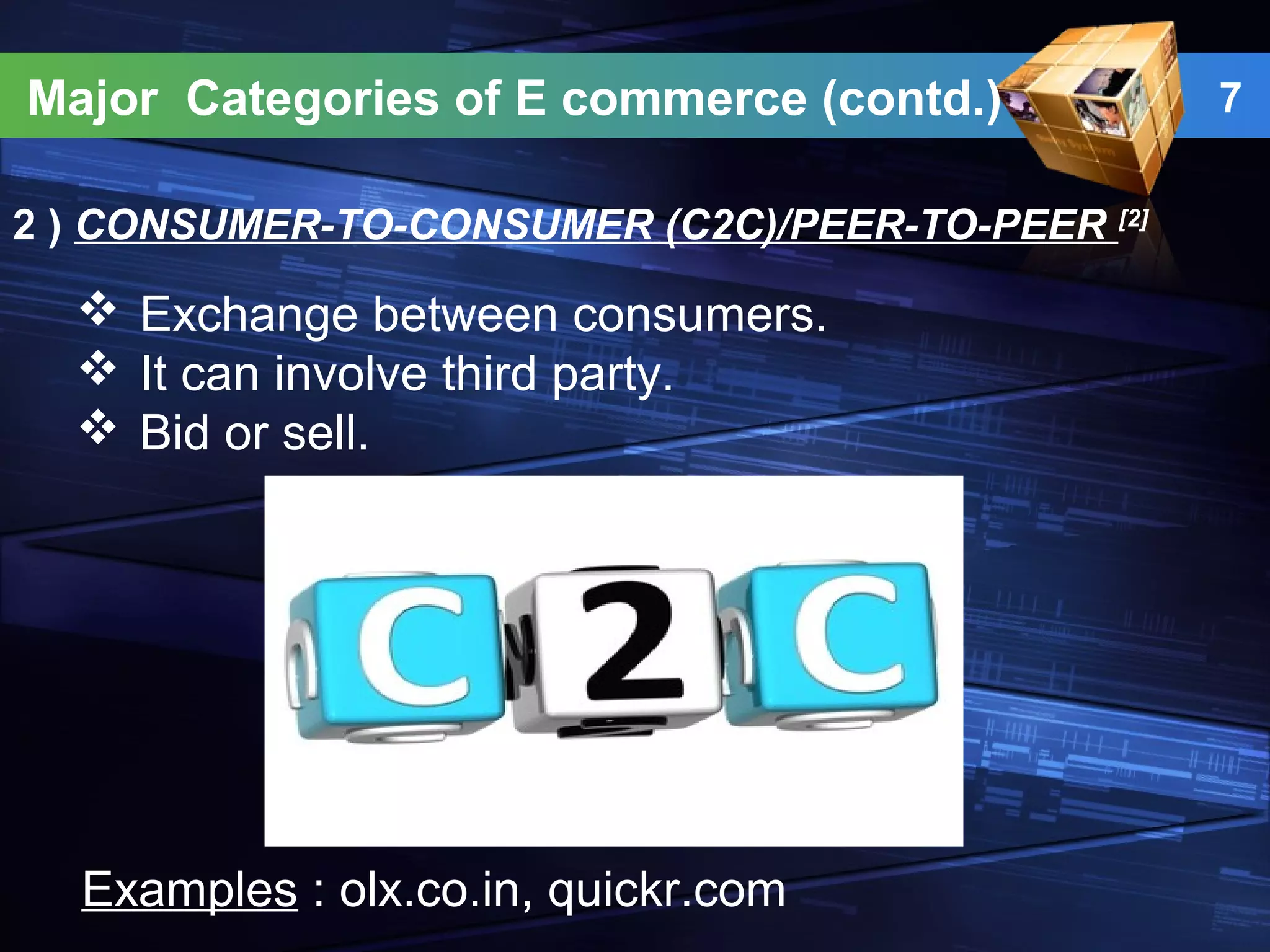 Major Categories of E commerce (contd.) 7
2 ) CONSUMER-TO-CONSUMER (C2C)/PEER-TO-PEER [2]
 Exchange between consumers.
 It can involve third party.
 Bid or sell.
Examples : olx.co.in, quickr.com
 