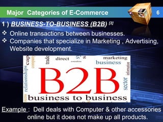 Major Categories of E-Commerce 6
1 ) BUSINESS-TO-BUSINESS (B2B) [2]
 Online transactions between businesses.
 Companies that specialize in Marketing , Advertising,
Website development.
Example : Dell deals with Computer & other accessories
online but it does not make up all products.
 