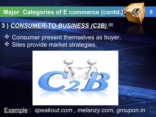 Major Categories of E commerce (contd.) 8
3 ) CONSUMER-TO-BUSINESS (C2B) [2]
 Consumer present themselves as buyer.
 Sites provide market strategies.
Example : speakout.com , melanzy.com, groupon.in
 