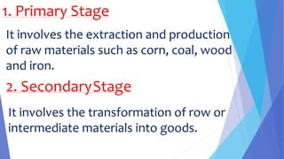 1. Primary Stage
It involves the extraction and production
of raw materials such as corn, coal, wood
and iron.
2. SecondaryStage
It involves the transformation of row or
intermediate materials into goods.
 