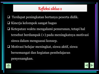 Refleksi siklus 2
 Terdapat peningkatan bertanya peserta didik.
 Kinerja kelompok sangat bagus
 Ketepatan waktu mengalami penurunan, tetapi hal
tersebut berdampak (+) pada meningkatnya motivasi
siswa dalam menguasai konsep.
 Motivasi belajar meningkat, siswa aktif, siswa
bersemangat dan kegiatan pembelajaran
penyenangkan.
 