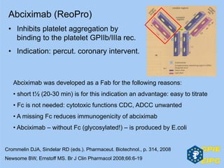 Abciximab (ReoPro)
• Inhibits platelet aggregation by
binding to the platelet GPIIb/IIIa rec.
• Indication: percut. coronary intervent.
Crommelin DJA, Sindelar RD (eds.). Pharmaceut. Biotechnol., p. 314, 2008
Newsome BW, Ernstoff MS. Br J Clin Pharmacol 2008;66:6-19
Abciximab was developed as a Fab for the following reasons:
• short t½ (20-30 min) is for this indication an advantage: easy to titrate
• Fc is not needed: cytotoxic functions CDC, ADCC unwanted
• A missing Fc reduces immunogenicity of abciximab
• Abciximab – without Fc (glycosylated!) – is produced by E.coli
 
