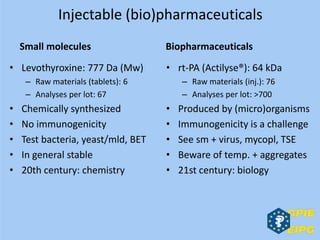Injectable (bio)pharmaceuticals
Small molecules
• Levothyroxine: 777 Da (Mw)
– Raw materials (tablets): 6
– Analyses per lot: 67
• Chemically synthesized
• No immunogenicity
• Test bacteria, yeast/mld, BET
• In general stable
• 20th century: chemistry
Biopharmaceuticals
• rt‐PA (Actilyse®): 64 kDa
– Raw materials (inj.): 76
– Analyses per lot: >700
• Produced by (micro)organisms
• Immunogenicity is a challenge
• See sm + virus, mycopl, TSE
• Beware of temp. + aggregates
• 21st century: biology
 