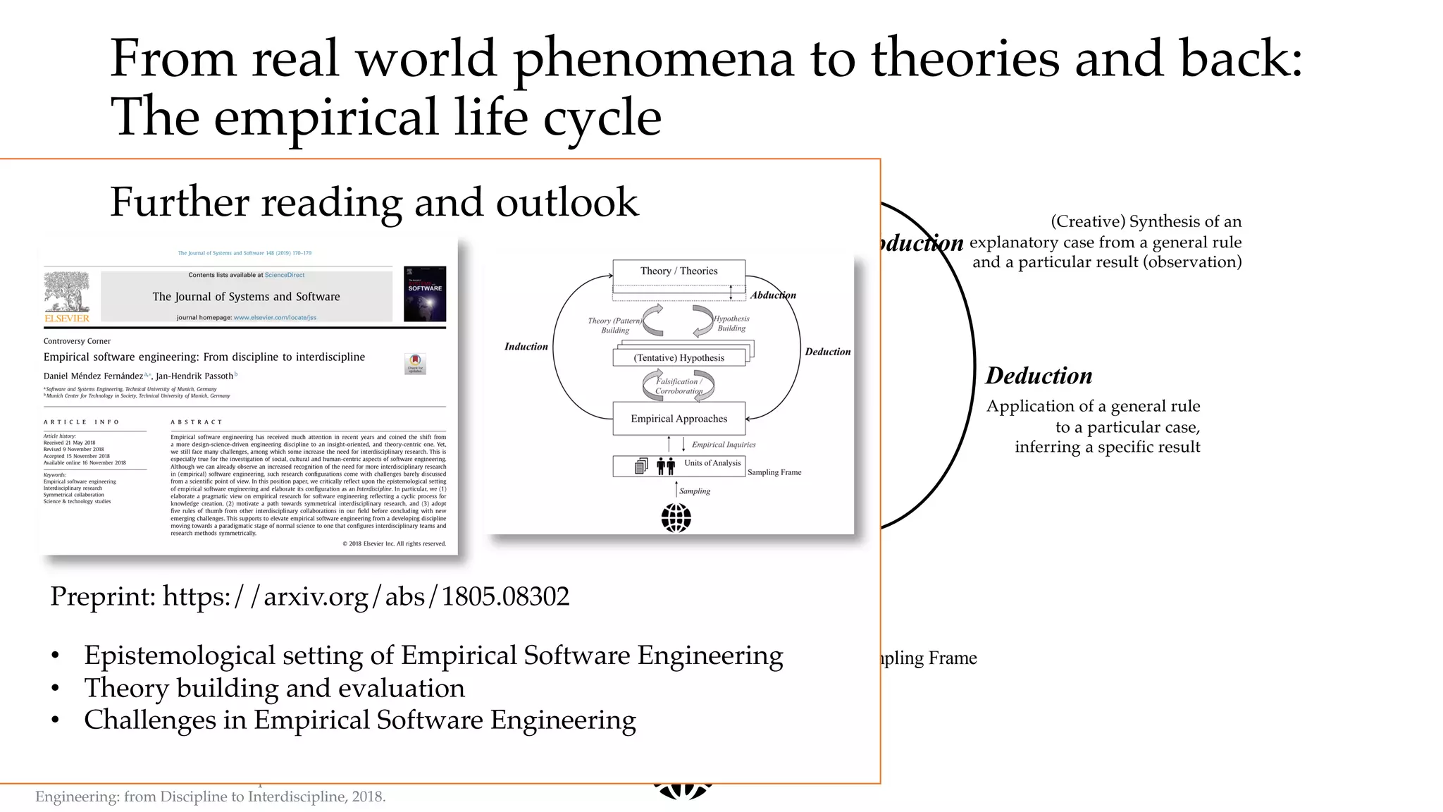 From real world phenomena to theories and back:
The empirical life cycle
Empirical Approaches
Theory / Theories
(Tentative) Hypothesis
Falsification /
Corroboration
Theory (Pattern)
Building
Units of Analysis
Sampling Frame
Sampling
Hypothesis
Building
Empirical Inquiries
Induction
Inference of a
general rule
from a particular
case/result
(observation)
Abduction
(Creative) Synthesis of an
explanatory case from a general rule
and a particular result (observation)
Deduction
Application of a general rule
to a particular case,
inferring a specific result
Source: Mendez and Passoth. Empirical Software
Engineering: from Discipline to Interdiscipline, 2018.
Further reading and outlook
• Epistemological setting of Empirical Software Engineering
• Theory building and evaluation
• Challenges in Empirical Software Engineering
Preprint: https://arxiv.org/abs/1805.08302
 