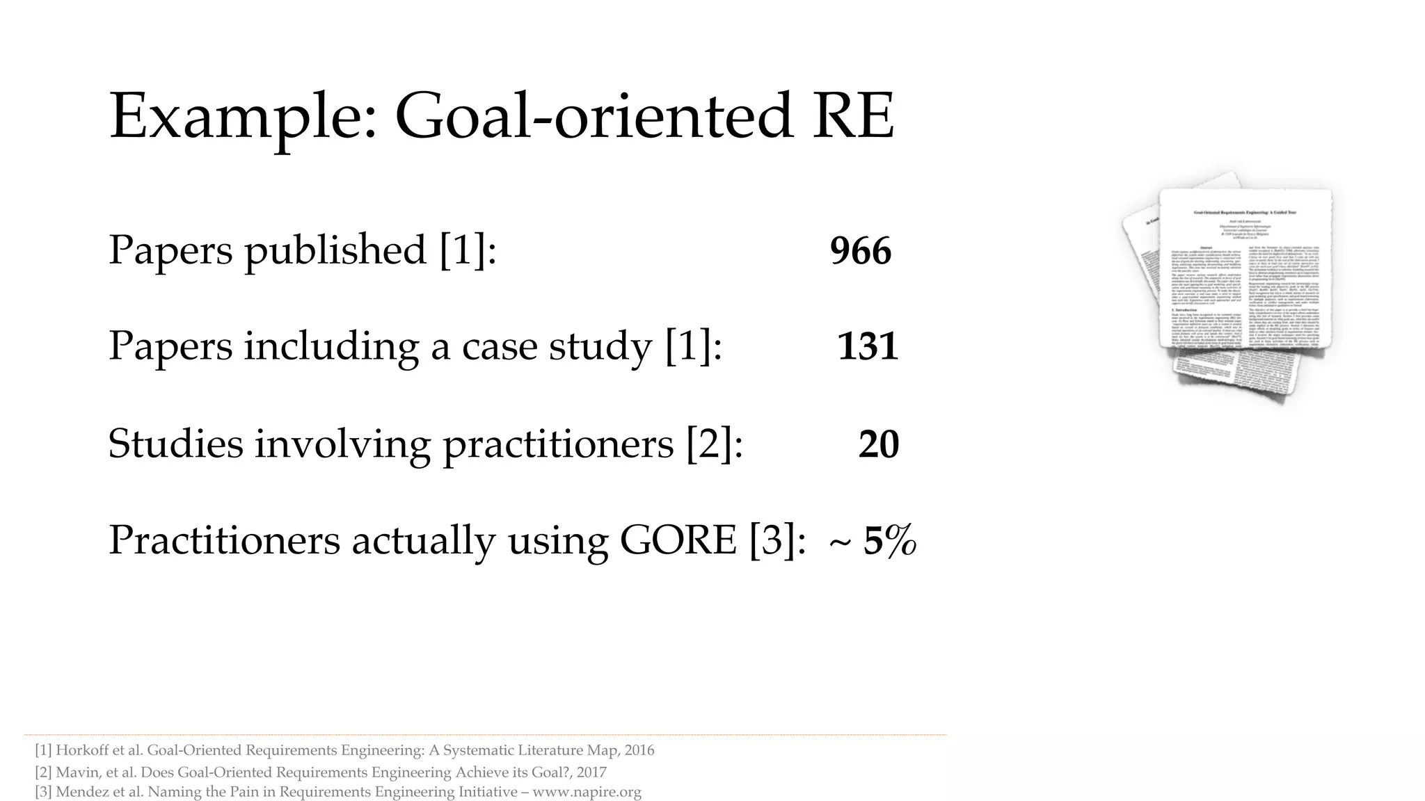 Example: Goal-oriented RE
[1] Horkoff et al. Goal-Oriented Requirements Engineering: A Systematic Literature Map, 2016
Papers published [1]: 966
Papers including a case study [1]: 131
Studies involving practitioners [2]: 20
Practitioners actually using GORE [3]: ~ 5%
[3] Mendez et al. Naming the Pain in Requirements Engineering Initiative – www.napire.org
[2] Mavin, et al. Does Goal-Oriented Requirements Engineering Achieve its Goal?, 2017
 
