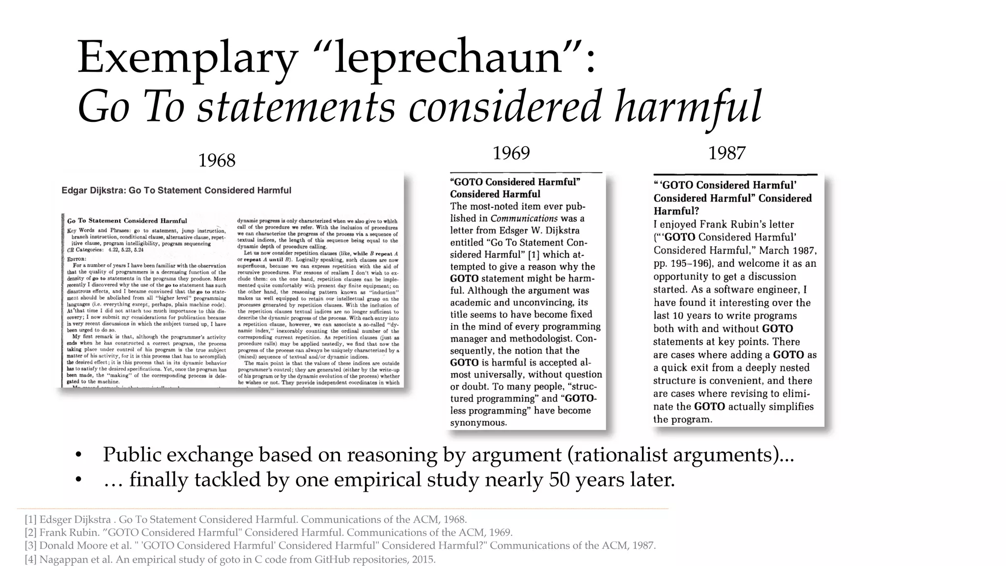 Exemplary “leprechaun”:
Go To statements considered harmful
[1] Edsger Dijkstra . Go To Statement Considered Harmful. Communications of the ACM, 1968.
• Public exchange based on reasoning by argument (rationalist arguments)...
[4] Nagappan et al. An empirical study of goto in C code from GitHub repositories, 2015.
[2] Frank Rubin. ”GOTO Considered Harmful" Considered Harmful. Communications of the ACM, 1969.
[3] Donald Moore et al. " 'GOTO Considered Harmful' Considered Harmful" Considered Harmful?" Communications of the ACM, 1987.
1968 1969 1987
• … finally tackled by one empirical study nearly 50 years later.
 