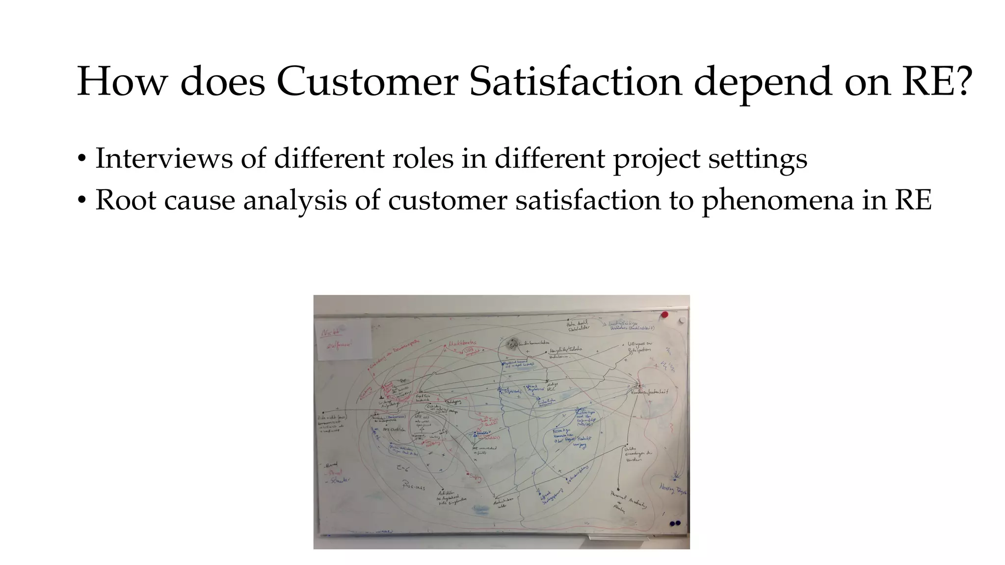How does Customer Satisfaction depend on RE?
• Interviews of different roles in different project settings
• Root cause analysis of customer satisfaction to phenomena in RE
 