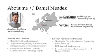 About me // Daniel Mendez
Head of research division
Requirements Engineering
daniel.mendez@bth.se
www.mendezfe.org
📍Munich
📍 Karlskrona
Full Professor in
Software Engineering
Research areas / interests
▪ (Empirical Software Engineering)
▪ Requirements engineering, software quality
management, and processes improvement
▪ Strong focus on Academia-Industry
Collaborations and Technology Transfer
Research Networks and Initiatives
▪ Naming the Pain in Requirements Engineering
(www.napire.org)
▪ IREB Research working group
▪ International Software Engineering Research
Network (ISERN)
 