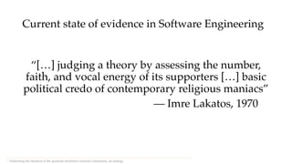 Current state of evidence in Software Engineering
“[…] judging a theory by assessing the number,
faith, and vocal energy of its supporters […] basic
political credo of contemporary religious maniacs”
— Imre Lakatos, 1970
* Addressing the situation in the quantum mechanics research community, an analogy
 