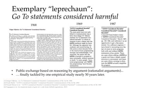 Exemplary “leprechaun”:
Go To statements considered harmful
[1] Edsger Dijkstra . Go To Statement Considered Harmful. Communications of the ACM, 1968.
• Public exchange based on reasoning by argument (rationalist arguments)...
[4] Nagappan et al. An empirical study of goto in C code from GitHub repositories, 2015.
[2] Frank Rubin. ”GOTO Considered Harmful" Considered Harmful. Communications of the ACM, 1969.
[3] Donald Moore et al. " 'GOTO Considered Harmful' Considered Harmful" Considered Harmful?" Communications of the ACM, 1987.
1968 1969 1987
• … finally tackled by one empirical study nearly 50 years later.
 