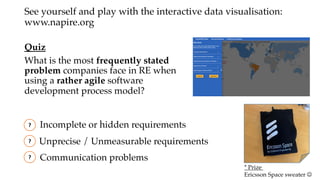 Quiz
What is the most frequently stated
problem companies face in RE when
using a rather agile software
development process model?
?
Unprecise / Unmeasurable requirements
Incomplete or hidden requirements
Communication problems
?
?
See yourself and play with the interactive data visualisation:
www.napire.org
* Prize
Ericsson Space sweater J
 