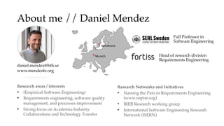 About me // Daniel Mendez
Head of research division
Requirements Engineering
daniel.mendez@bth.se
www.mendezfe.org
📍Munich
📍 Karlskrona
Full Professor in
Software Engineering
Research areas / interests
▪ (Empirical Software Engineering)
▪ Requirements engineering, software quality
management, and processes improvement
▪ Strong focus on Academia-Industry
Collaborations and Technology Transfer
Research Networks and Initiatives
▪ Naming the Pain in Requirements Engineering
(www.napire.org)
▪ IREB Research working group
▪ International Software Engineering Research
Network (ISERN)
 