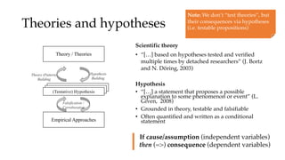 Theories and hypotheses
Scientific theory
• “[…] based on hypotheses tested and verified
multiple times by detached resear...