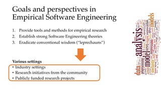 Goals and perspectives in
Empirical Software Engineering
1. Provide tools and methods for empirical research
2. Establish strong Software Engineering theories
3. Eradicate conventional wisdom (“leprechauns”)
Various settings
• Industry settings
• Research initiatives from the community
• Publicly funded research projects
 