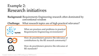 Example 2:
Research initiatives
Background: Requirements Engineering research often dominated by
conventional wisdom
Chall...