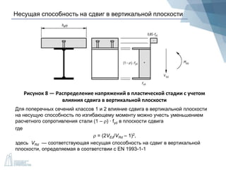 Несущая способность на сдвиг в вертикальной плоскости
Рисунок 8 — Распределение напряжений в пластической стадии с учетом
влияния сдвига в вертикальной плоскости
Для поперечных сечений классов 1 и 2 влияние сдвига в вертикальной плоскости
на несущую способность по изгибающему моменту можно учесть уменьшением
расчетного сопротивления стали (1 – ) ∙ fyd в плоскости сдвига
где
 = (2VEd/VRd – 1)2,
здесь VRd — соответствующая несущая способность на сдвиг в вертикальной
плоскости, определяемая в соответствии с EN 1993-1-1
 