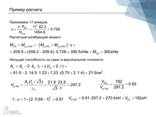 Пример расчета
Принимаем 17 анкеров.
Расчетный изгибающий момент
Несущая способность на сдвиг в вертикальной плоскости
,
17 62.3
0.728
1454.6
Rd
pl a
n P
N
 
    
 , , , , ,–
209.5 (458.2 209.5) 0.728 390.5 360
Rd p a Rd p Rd p a Rd
Ed
M M M M
кНм M кНм
    
      
l l l
2
2 ( 2 )
61.9 2 14.5 1.23 1.23 (0.75 2 1.4) 21.9
V a a f f wA A b t t t r
см
       
        
,
( / 3) 21.9 23.5
297.2
3 1
V y
pl Rd
m
A f
V

  
  ,
192
0.65
297.2
Ed
pl Rd
V
V
 
 
2
1 1 2 0.65 1 0.91       , 0.91 297.2 270.4 192pl Rd EdV кН V кН    
 
