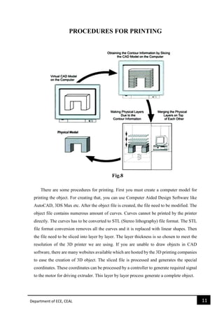 Department of ECE, CEAL 11 
PROCEDURES FOR PRINTING There are some procedures for printing. First you must create a computer model for printing the object. For creating that, you can use Computer Aided Design Software like AutoCAD, 3DS Max etc. After the object file is created, the file need to be modified. The object file contains numerous amount of curves. Curves cannot be printed by the printer directly. The curves has to be converted to STL (Stereo lithography) file format. The STL file format conversion removes all the curves and it is replaced with linear shapes. Then the file need to be sliced into layer by layer. The layer thickness is so chosen to meet the resolution of the 3D printer we are using. If you are unable to draw objects in CAD software, there are many websites available which are hosted by the 3D printing companies to ease the creation of 3D object. The sliced file is processed and generates the special coordinates. These coordinates can be processed by a controller to generate required signal to the motor for driving extruder. This layer by layer process generate a complete object. 
 