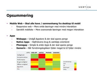 Opsummering
 Mobile Web – Skal alle have / sammenhæng fra desktop til mobil
 Responsive web – Mere enkle løsninger med mindre interaktion
 Særskilt mobilsite – Mere avancerede løsninger med megen interaktion
 Apps
 Webapps – Undgå Appstore & der skal spares penge
 Native Apps - Højfrekvens brug & værktøjs orienteret
 Phonegap – Simple & enkle Apps & der skal spares penge
 Xamarin – Når forretningslogikken fylder meget & UI fylder mindre
 