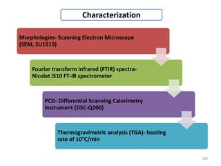 Characterization
Morphologies- Scanning Electron Microscope
(SEM, SU1510)
Fourier transform infrared (FTIR) spectra-
Nicolet iS10 FT-IR spectrometer
PCD- Differential Scanning Calorimetry
instrument (DSC-Q200)
Thermogravimetric analysis (TGA)- heating
rate of 10°C/min
100
 